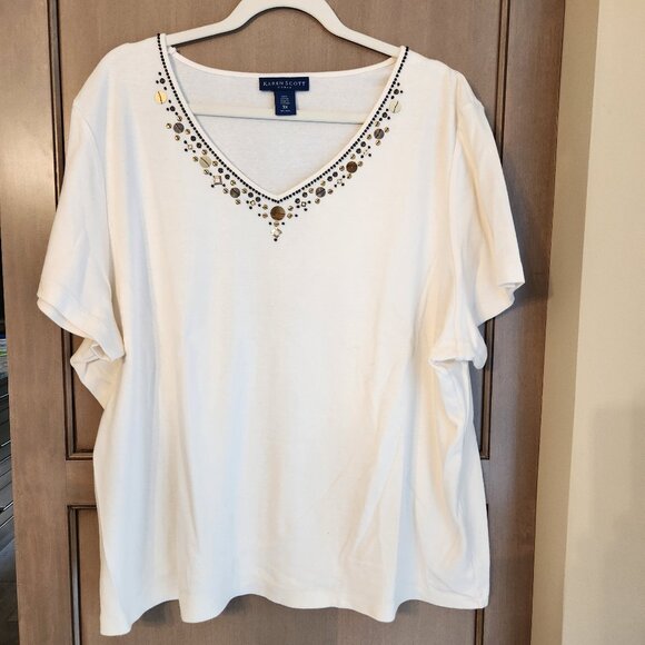 ✨ Karen Scott Woman’s Embellished V-Neck Cotton Tee - Size: Women's Plus 3X - Picture 2 of 6